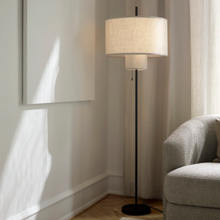 MARGIN modern floor lamp room view – beige fabric shade soft