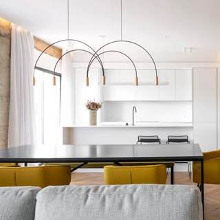 Arca brass pendant over living room — statement artisan ceiling light