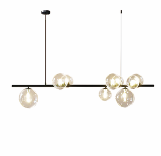 Linear bubble pendant light — black metal frame with glass sphere chandelier