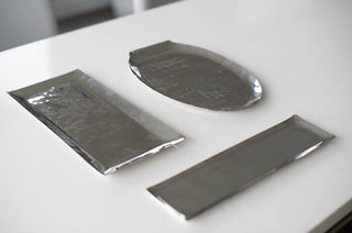 steel serving tray rikan polished stainless leaf roll design hammered texture angle view