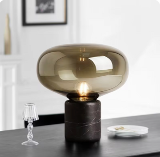 Smoke glass orb lamp marble base — minimalist black design