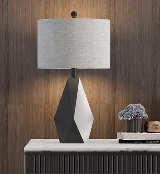 Stone table lamp geometric faceted base — grey fabric shade modern