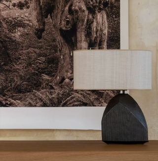 Elegant wood base table lamp — modern natural design side angle
