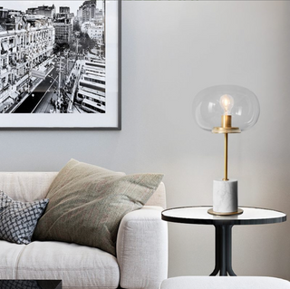 Sphere marble lamp — glass globe golden stem ambient glow