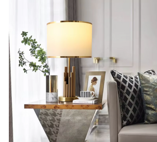Golden spire table lamp close-up — architectural detail