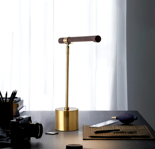 Minimalist lamp brass base — dark wood shade side angle