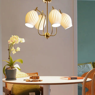 Modern flower chandelier ceramic finish warm glow close-up