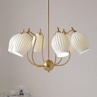 Flower ceramic chandelier interior room warm glow close-up