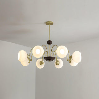Cream glass ribbed dining chandelier wide view — contemporary warm