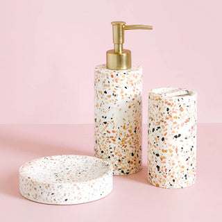 elegant resin soap dispenser storage set white pink bathroom close-up