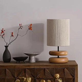 Walnut wood table lamp side — handcrafted fabric shade warm glow
