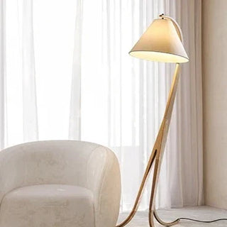 Dimmable walnut wood floor lamp front – cotton linen shade