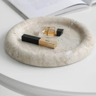travertine stone plate earthworks luxury round handmade stone tray side view