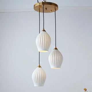 Ceramic Pendant Light – Ribbed Ceramic Finish Modern Pendant Lamp with Adjustable LED