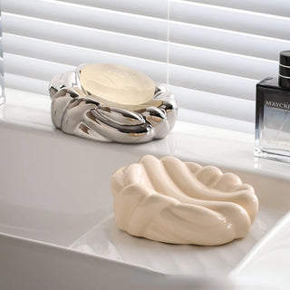 ceramic woven beige silver soap dish tray handcrafted bathroom accessory detail