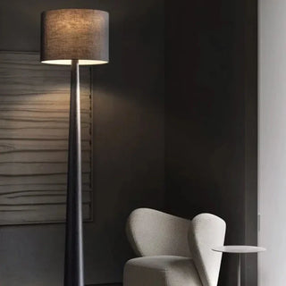 Elegant walnut wood floor lamp side – black LED linen shade
