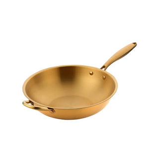 non-stick frying pan hamptons gold stainless steel pan double layer technology front view