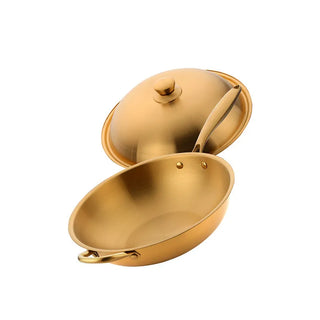 non-stick frying pan hamptons gold stainless steel pan double layer technology close-up