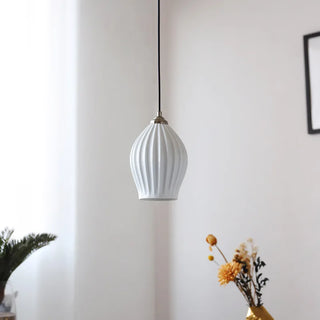 Ceramic Pendant Light – Ribbed Ceramic Finish Modern Pendant Lamp with Adjustable LED