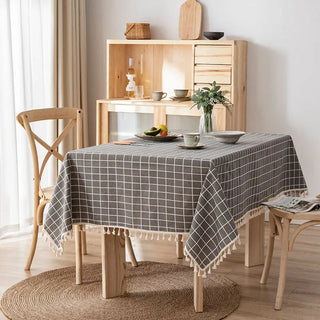 cotton tablecloth amsterdam grey plaid waterproof rectangle cover tassels close-up