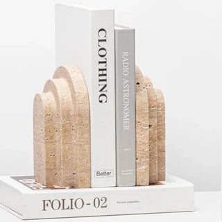 travertine bookends handcrafted stone triple arch design decorative set side view