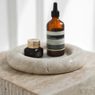 travertine stone plate earthworks luxury round handmade stone tray close-up