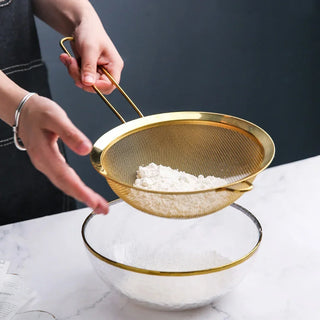fine mesh sieve paris kitchenware gold stainless steel strainer set eco friendly close-up