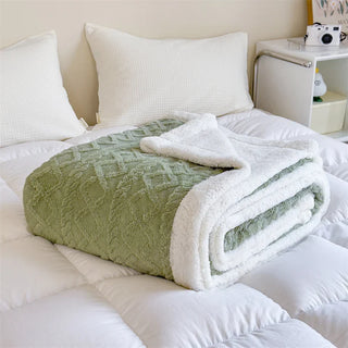 double layer throw blanket soft green hand knitted cozy polyester front view