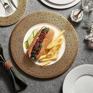 ceramic dining plates earthworks luxury porcelain dinnerware set handcrafted white gold close-up