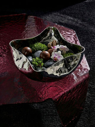 stainless steel bowl rikan polished hammered shell shape liquid metal finish 13.3 inch side view