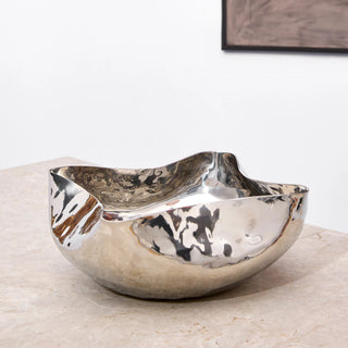 stainless steel bowl rikan polished hammered shell shape liquid metal finish 13.3 inch close-up