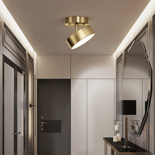Copper LED ceiling fixture illuminated, acrylic shade warm glow