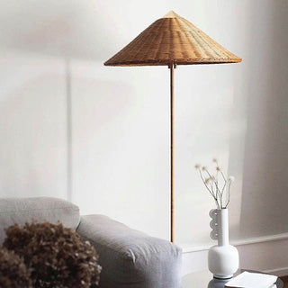Tall rattan floor lamp front — vintage woven shade design