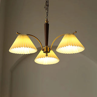 Pleated lampshade chandelier — elegant dining room brass wood ceiling light