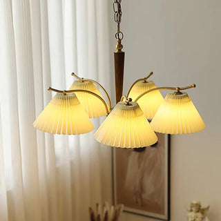 Elegant pleated chandelier wide — brass wood dining ceiling warm