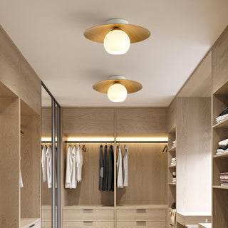 Natural wood ceiling fixture illuminated, bedroom warm LED