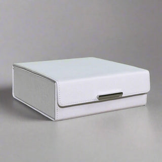 white leatherette office set tufted vegan leather desk organizer stainless steel accents close-up