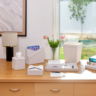 white leatherette office set tufted vegan leather desk organizer stainless steel accents macro view