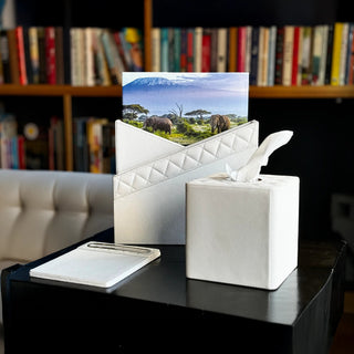 white leatherette office set tufted vegan leather desk organizer stainless steel accents wide view