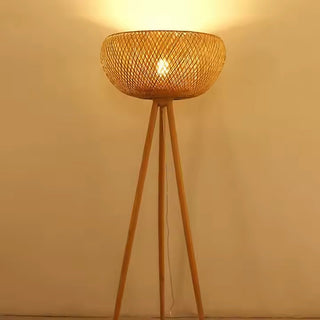 Rattan Floor Lamp – Bamboo & Black Metal Woven Wood Light for Living Room