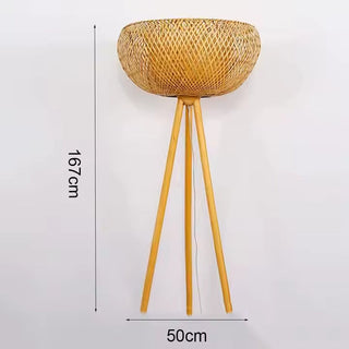Rattan Floor Lamp – Bamboo & Black Metal Woven Wood Light for Living Room