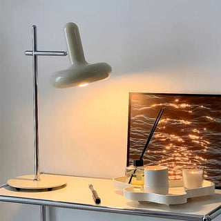 White glass disc lamp front — modern iron base design