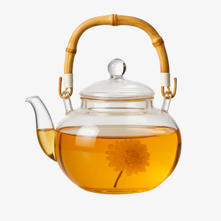 Glass teapot with natural bamboo handle and matching tea cups for elegant loose leaf tea brewing