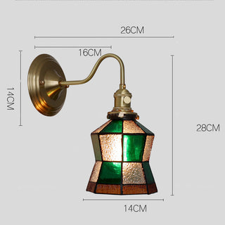 Tiffany brass dimmable glass wall sconce close-up — vibrant