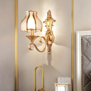 Gold contemporary metal wall lamp illuminated — mid-century fixture