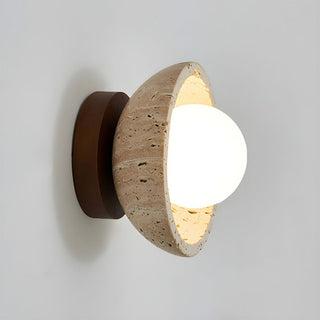 Industrial beige stone wall lamp walnut wood — contemporary sconce