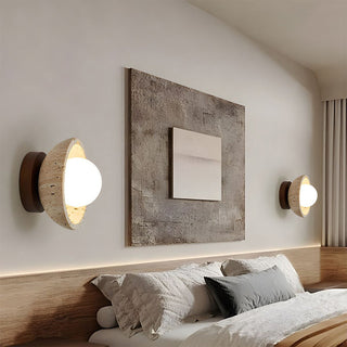 Stone wall light beige walnut wood angle — industrial sconce