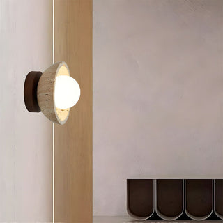 Beige stone walnut wood wall lamp — industrial contemporary