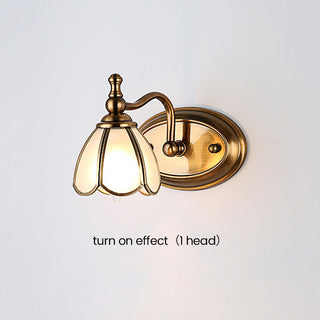 Mushroom shade gold French bathroom wall sconce detail — vanity