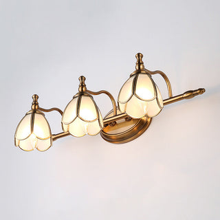 Mushroom shade French bathroom gold wall sconce ambient — vanity